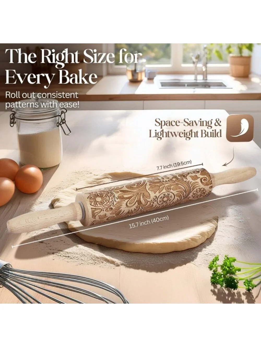 Engraved Wooden Rolling Pin with Snowflake & Flower Patterns for Baking Pastry